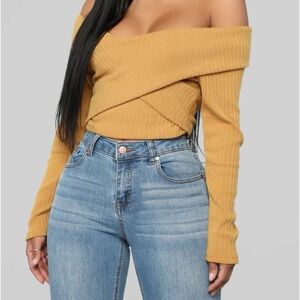 New Mustard Off-Shoulder cropped Sweater